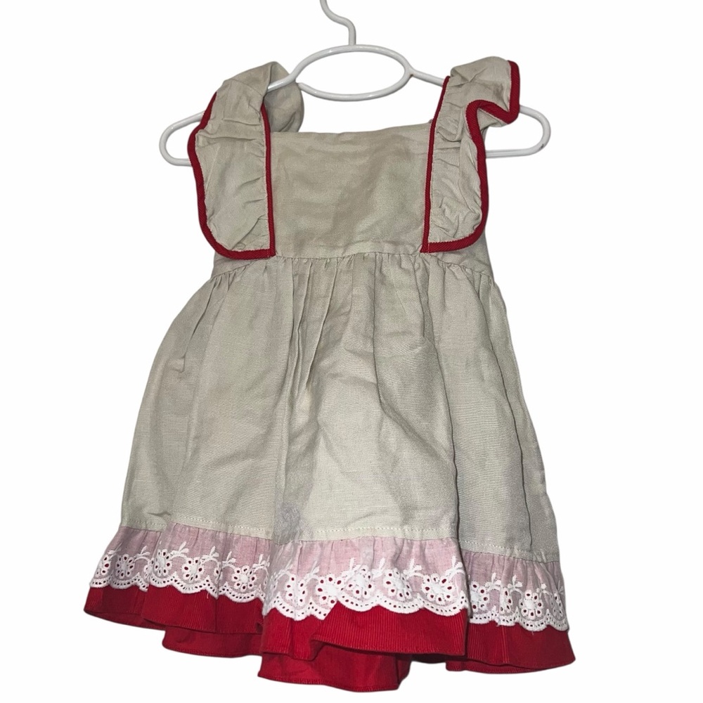 Dovie Jane girls oatmeal flax dress eyelet trim red underskirt 9m NWT Flutter